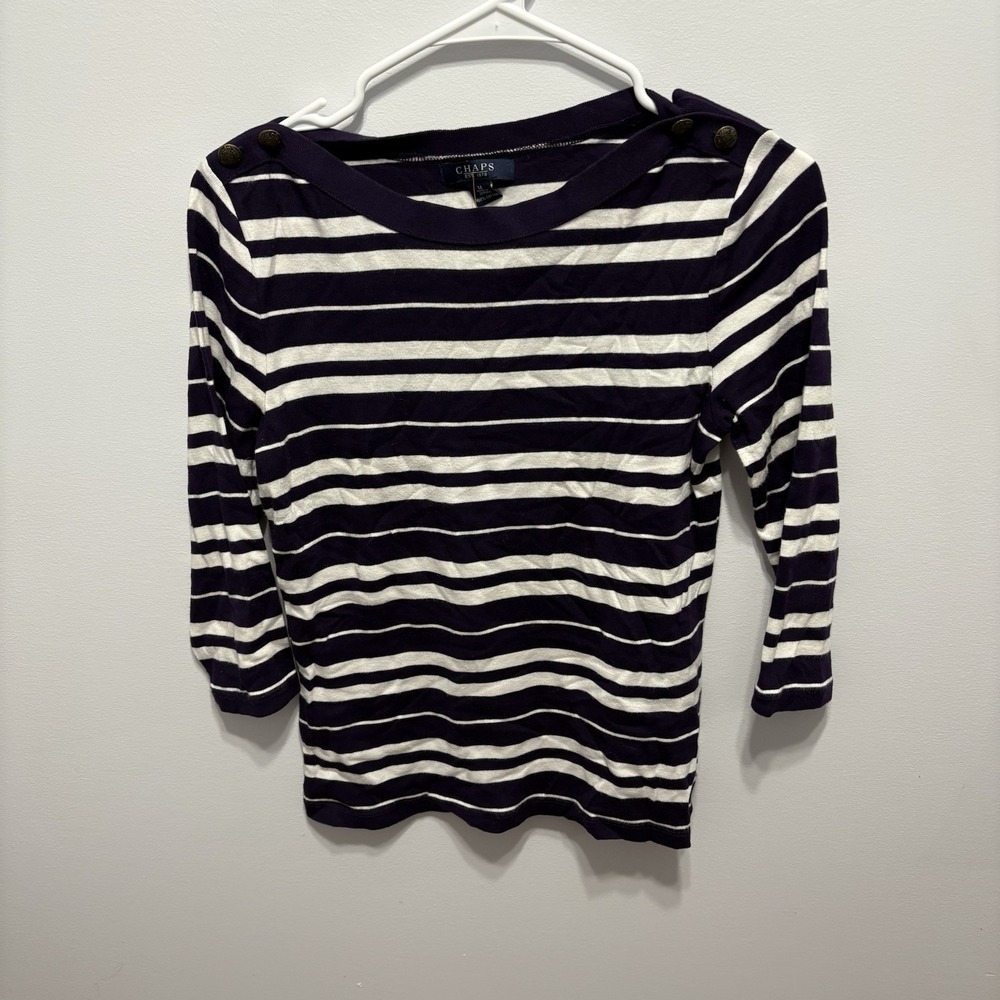 Chaps Purple And White Striped Shirt Medium 3/4 Sleeve